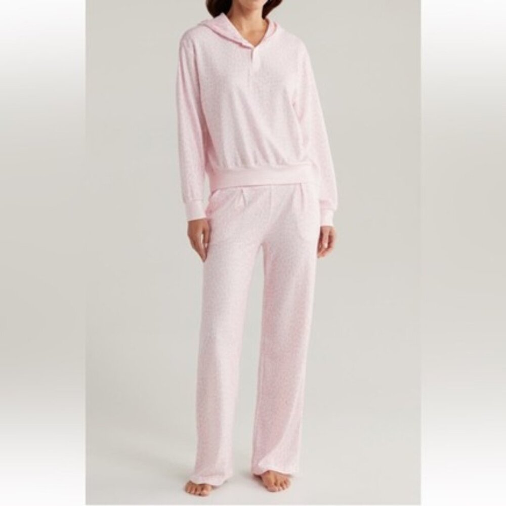 PJ Salvage Leopard Hooded Thermal Waffle Pajamas 2 PC Set Top & Pants Blush Pink